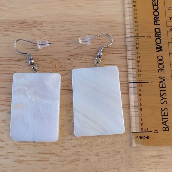 Mother of Pearl Rectangle Drop Dangle Pierced Earrings 2” - Picture 3 of 3